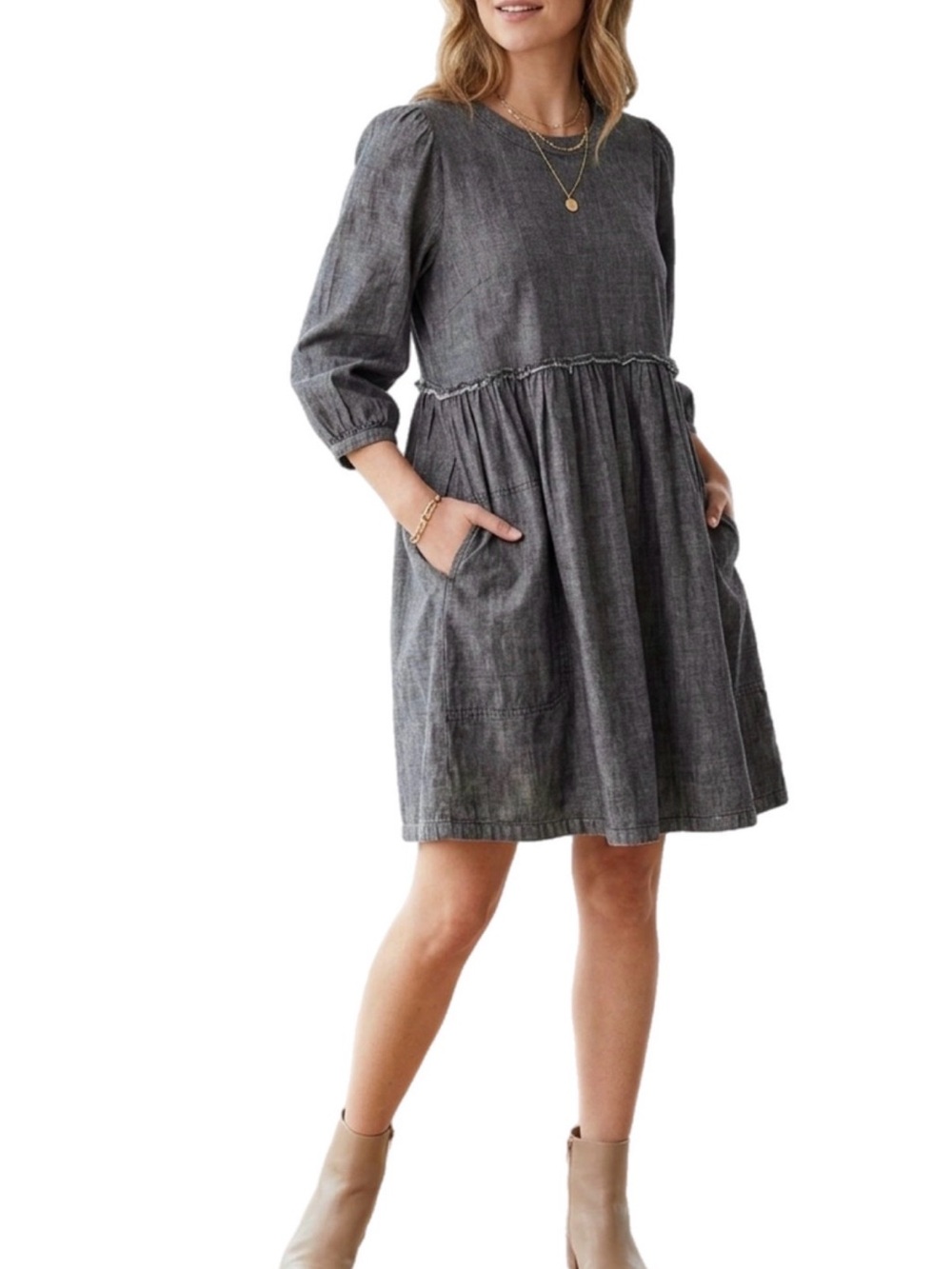 VERY J Denim Black Babydoll Dress | 3/4 Sleeve | Size Large